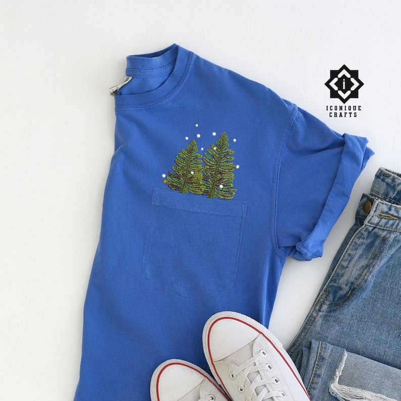 Comfort Colors Christmas Tree Embroidered Pocket Shirt, Embroidered Flower TShirt, Flower Pocket Shirt, Gift for her