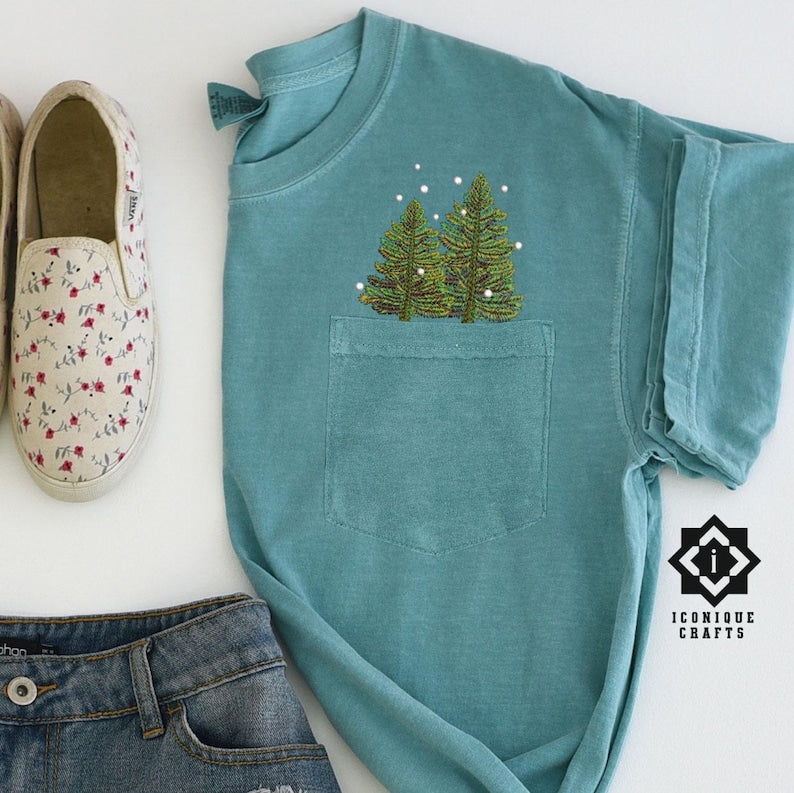 Comfort Colors Christmas Tree Embroidered Pocket Shirt, Embroidered Flower TShirt, Flower Pocket Shirt, Gift for her