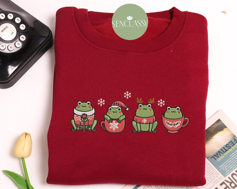 Cute Frog Christmas Tree Embroidered Sweatshirt, Christmas Animal Sweater, Xmas Frog Crewneck, Woman Holiday Shirt, Frog Lover Shirt