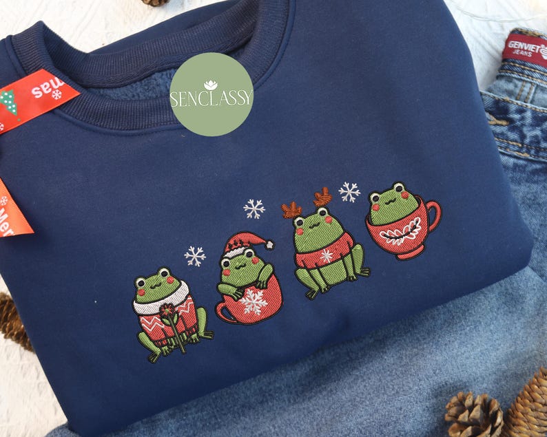 Cute Frog Christmas Tree Embroidered Sweatshirt, Christmas Animal Sweater, Xmas Frog Crewneck, Woman Holiday Shirt, Frog Lover Shirt
