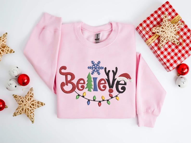 Embroidered Believe Christmas Sweatshirt, Embroidered Tis The Season, Believe Christmas Tee, Merry Christmas, Merry And Bright,Winter Hoodie