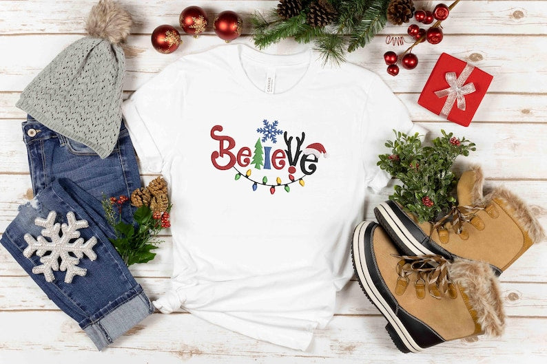 Embroidered Believe Christmas Sweatshirt, Embroidered Tis The Season, Believe Christmas Tee, Merry Christmas, Merry And Bright,Winter Hoodie