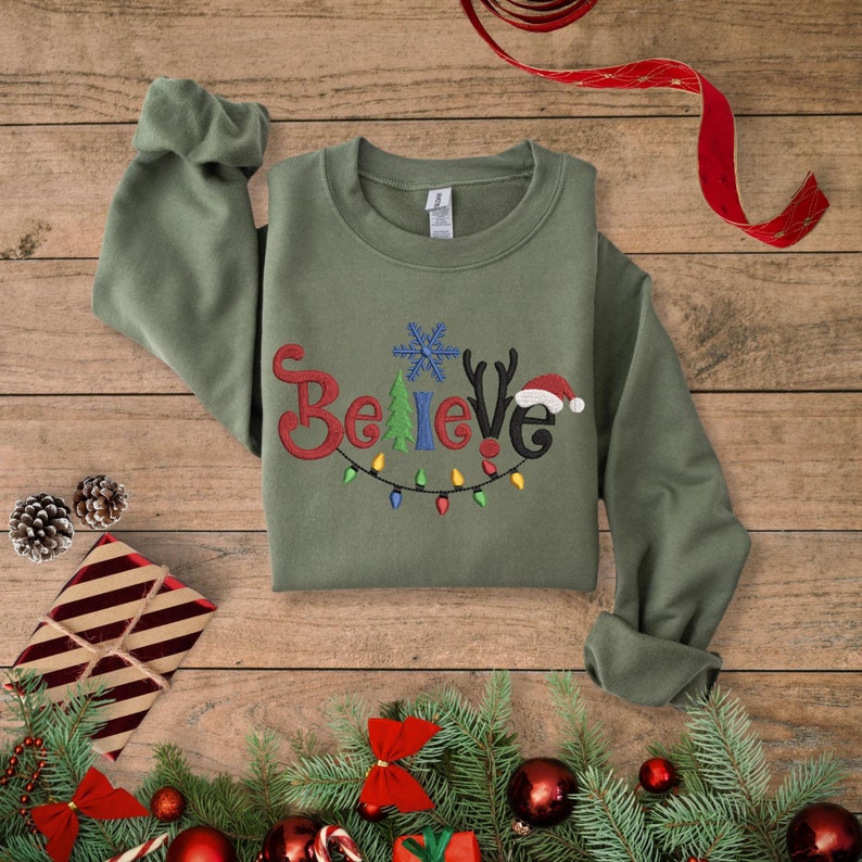 Embroidered Believe Christmas Sweatshirt, Embroidered Tis The Season, Believe Christmas Tee, Merry Christmas, Merry And Bright,Winter Hoodie