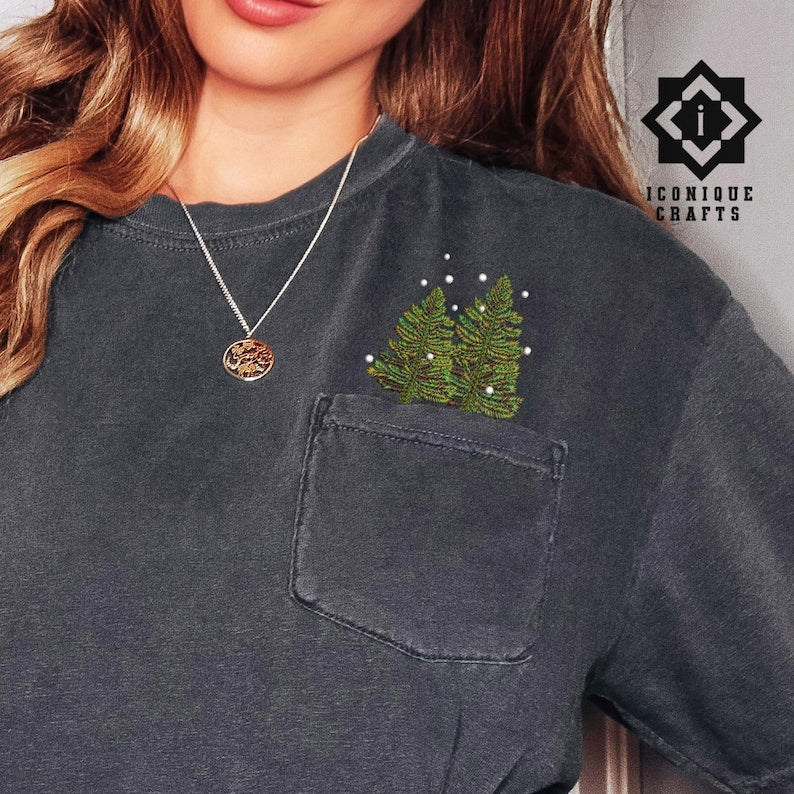 Comfort Colors Christmas Tree Embroidered Pocket Shirt, Embroidered Flower TShirt, Flower Pocket Shirt, Gift for her