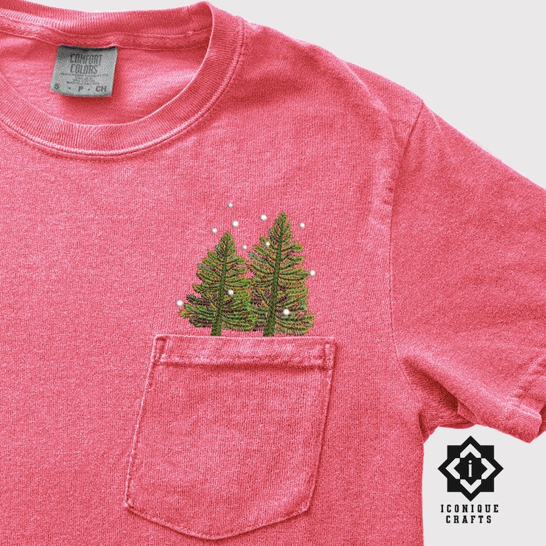Comfort Colors Christmas Tree Embroidered Pocket Shirt, Embroidered Flower TShirt, Flower Pocket Shirt, Gift for her