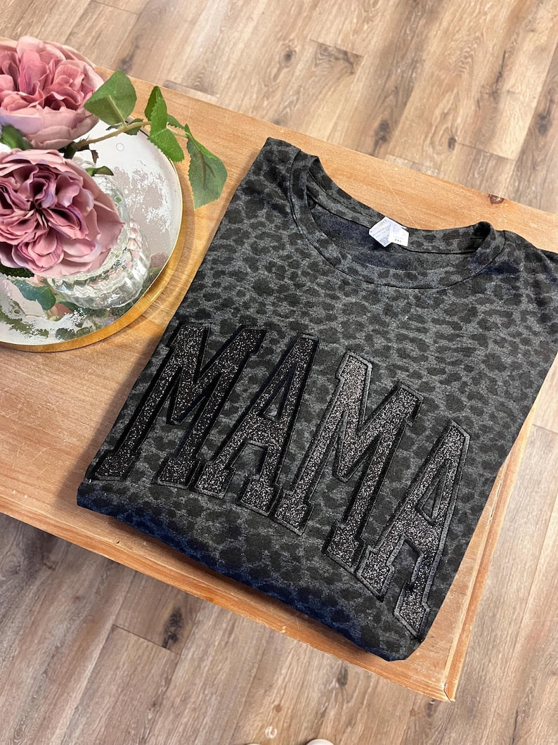 Embroidered Mama Shirt, Leopard Mama Shirt, Mother's Day Shirt, Mother's Day Gift, Mom Shirt, Black Monochromatic Mom Tee, Black Glitter
