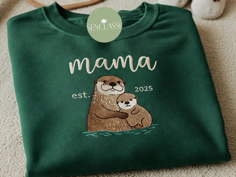 Otter Mom and Baby Embroidered Sweatshirt, Custom Date Mother's Day Gift for, Personalized Birthday Gift for Mom, Otter Lover Gift, Mom Est