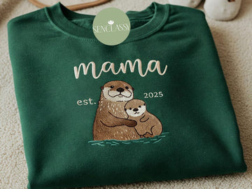 Otter Mom and Baby Embroidered Sweatshirt, Custom Date Mother's Day Gift for, Personalized Birthday Gift for Mom, Otter Lover Gift, Mom Est