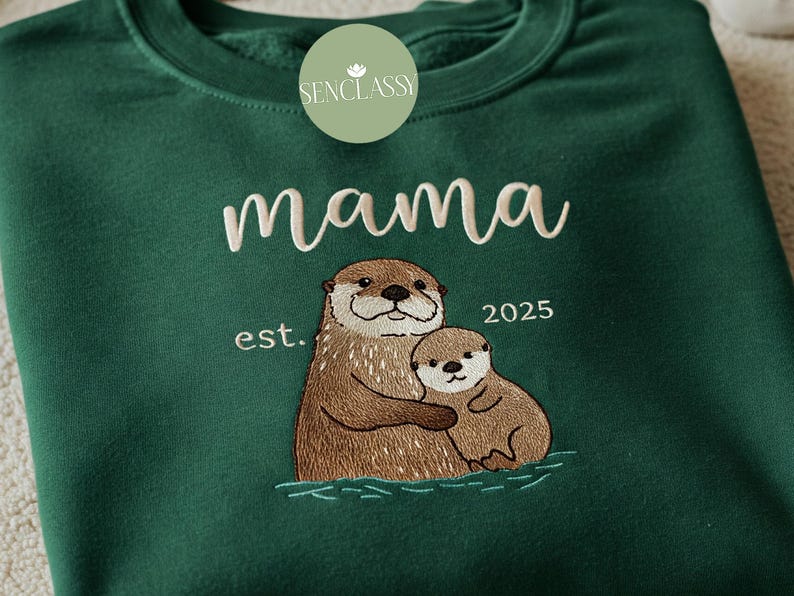 Otter Mom and Baby Embroidered Sweatshirt, Custom Date Mother's Day Gift for, Personalized Birthday Gift for Mom, Otter Lover Gift, Mom Est