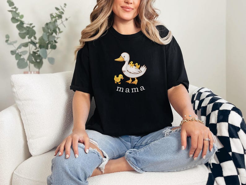 Embroidered Duck Mama Comfort Colors® T-Shirt, Mothers Day Gift,Embroidery Mama Duck and Baby Ducklings Shirt,Cute Mama Goose and Kids Shirt