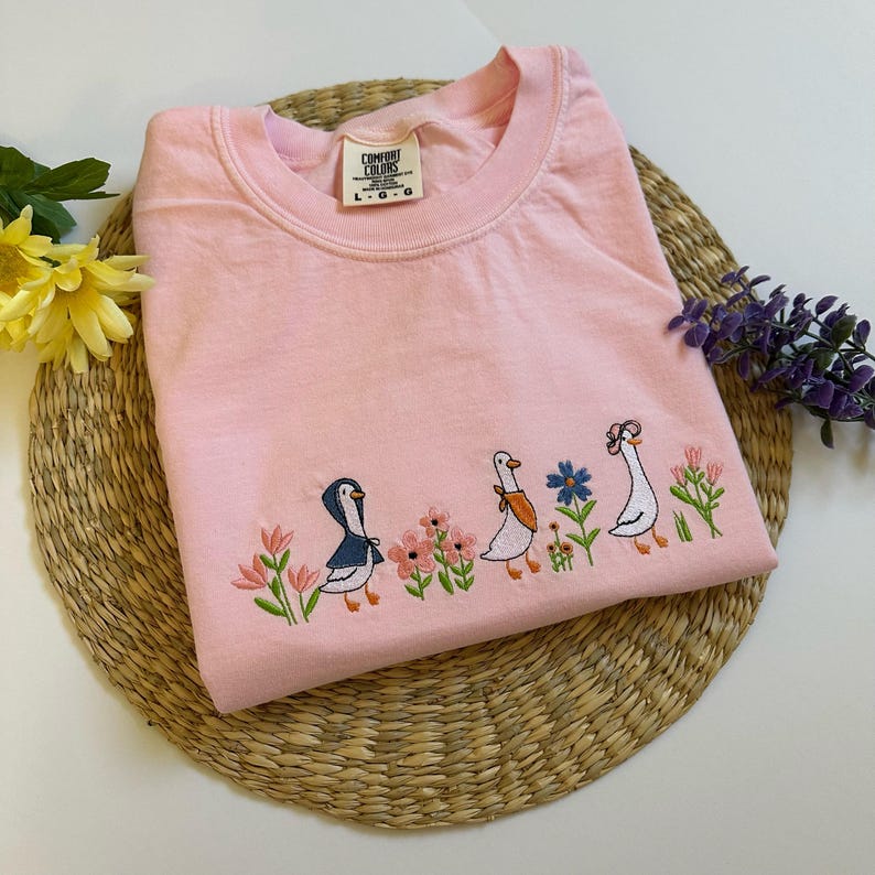 Embroidered Floral Geese T-Shirt Comfort Colors Spring Tee