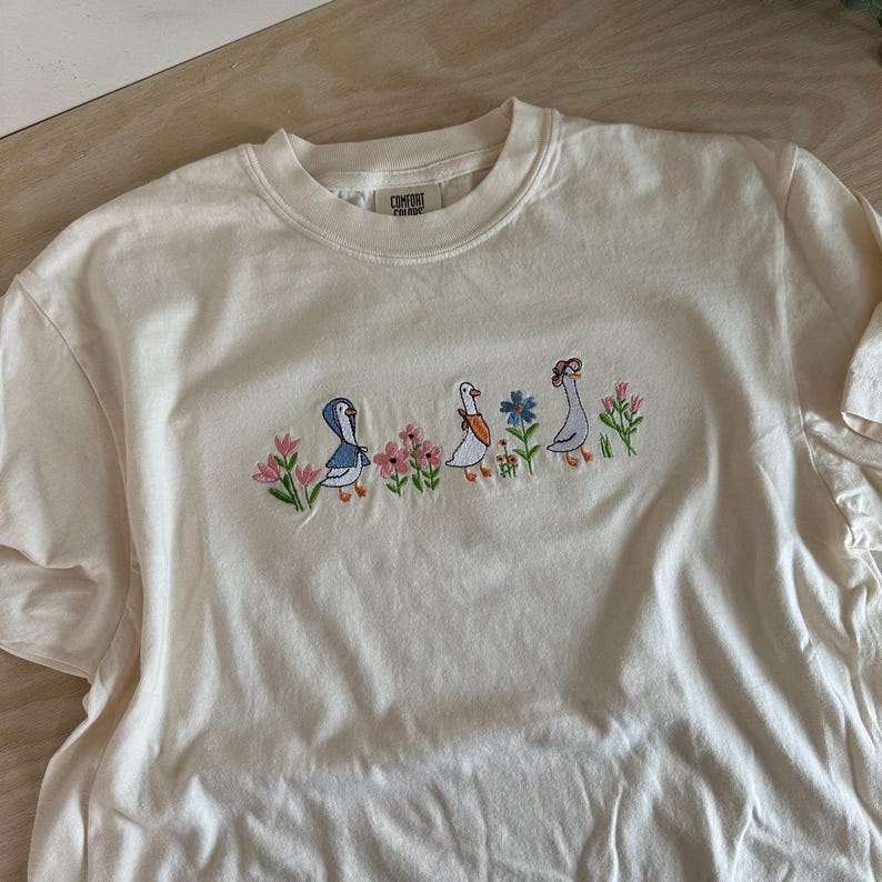 Embroidered Floral Geese T-Shirt Comfort Colors Spring Tee
