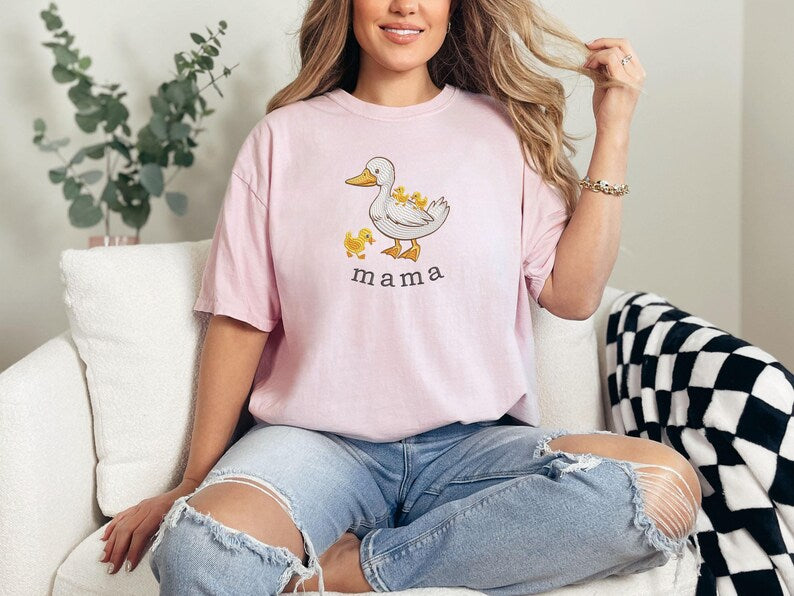 Embroidered Duck Mama Comfort Colors® T-Shirt, Mothers Day Gift,Embroidery Mama Duck and Baby Ducklings Shirt,Cute Mama Goose and Kids Shirt