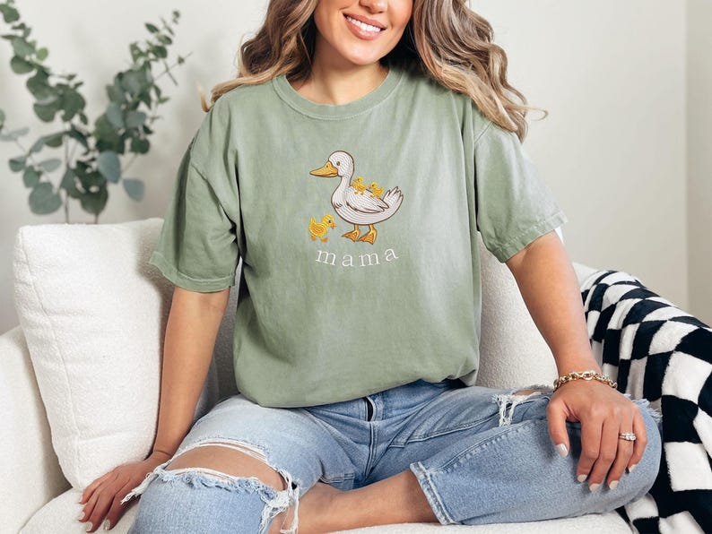 Embroidered Duck Mama Comfort Colors® T-Shirt, Mothers Day Gift,Embroidery Mama Duck and Baby Ducklings Shirt,Cute Mama Goose and Kids Shirt