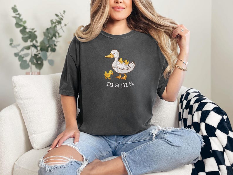 Embroidered Duck Mama Comfort Colors® T-Shirt, Mothers Day Gift,Embroidery Mama Duck and Baby Ducklings Shirt,Cute Mama Goose and Kids Shirt