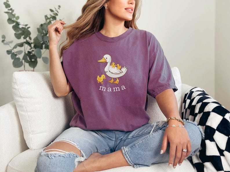 Embroidered Duck Mama Comfort Colors® T-Shirt, Mothers Day Gift,Embroidery Mama Duck and Baby Ducklings Shirt,Cute Mama Goose and Kids Shirt