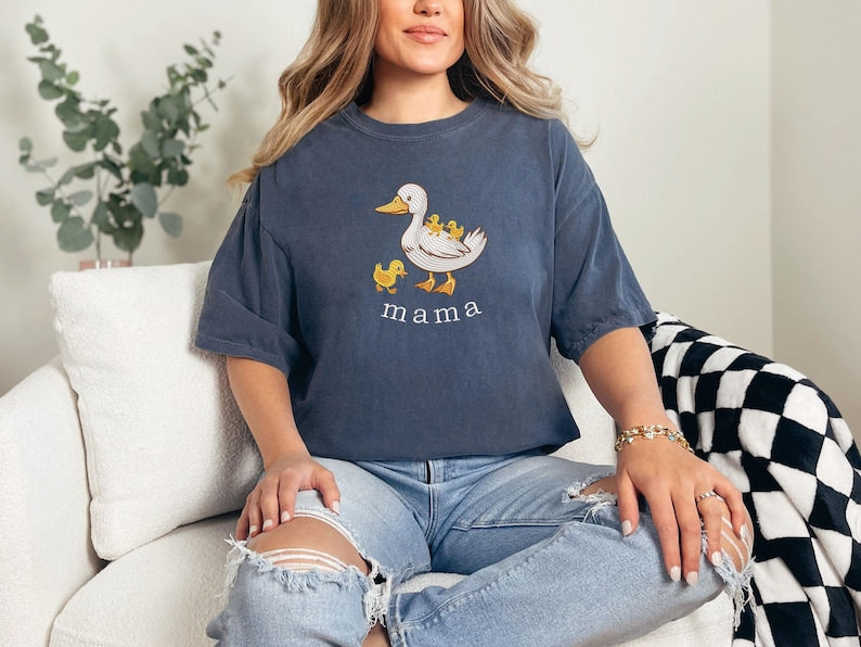 Embroidered Duck Mama Comfort Colors® T-Shirt, Mothers Day Gift,Embroidery Mama Duck and Baby Ducklings Shirt,Cute Mama Goose and Kids Shirt