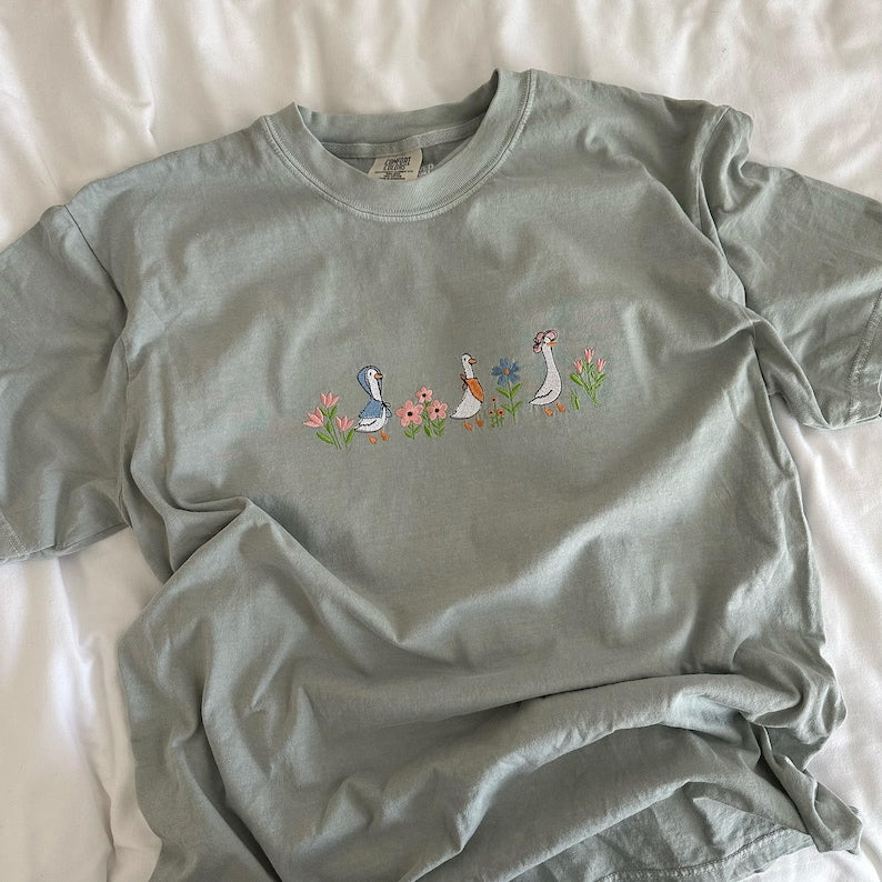 Embroidered Floral Geese T-Shirt Comfort Colors Spring Tee