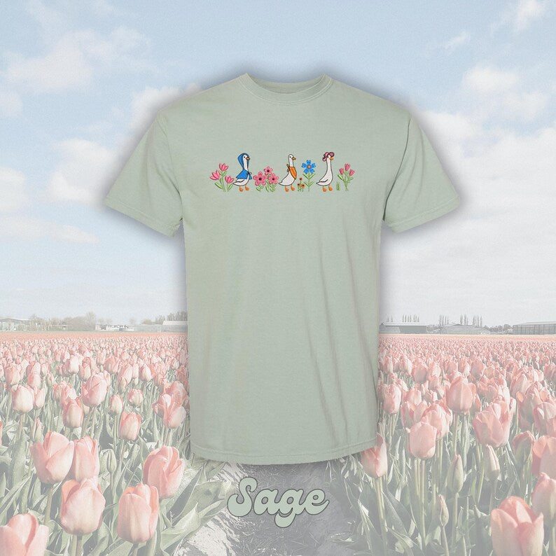 Embroidered Floral Geese T-Shirt Comfort Colors Spring Tee