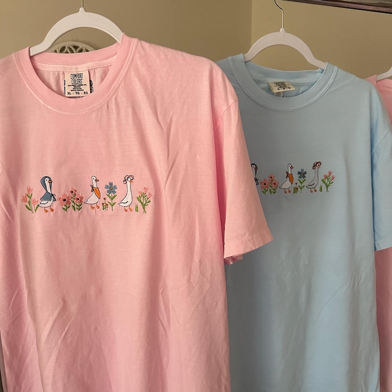 Embroidered Floral Geese T-Shirt Comfort Colors Spring Tee