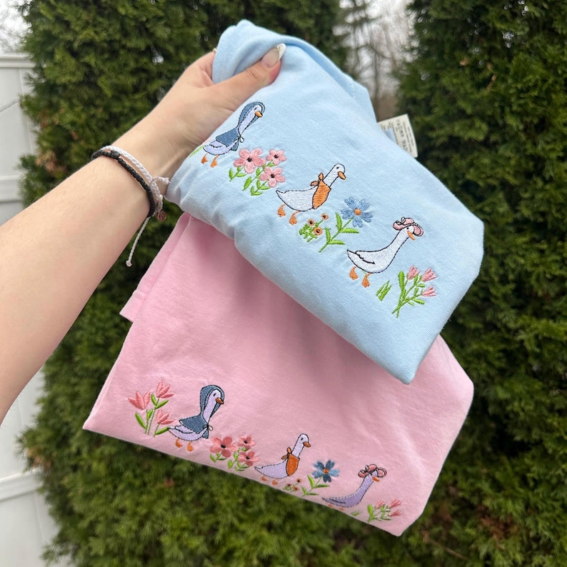 Embroidered Floral Geese T-Shirt Comfort Colors Spring Tee