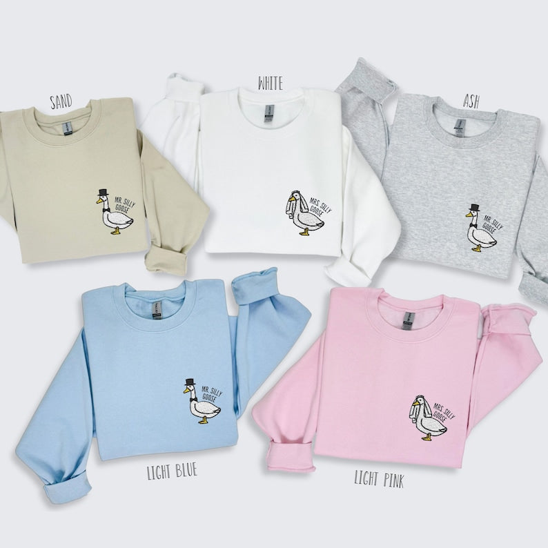 Embroidered Mr and Mrs Sweatshirt Goose Sweatshirt Bride Groom Sweatshirt Couple Matching Sweatshirt Wife Sweatshirt Groom Honeymoon Shirt