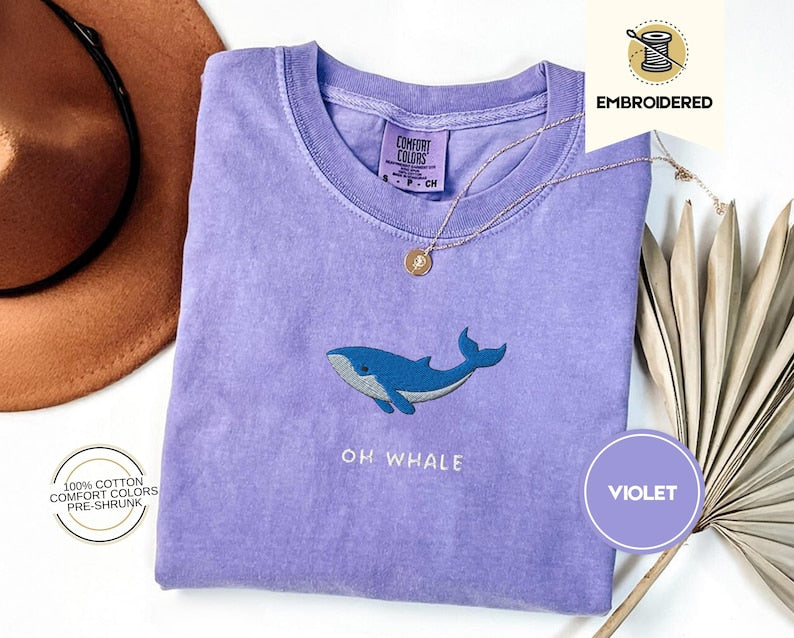 Oh Whale Embroidered Tee – Cute Funny Comfort Colors® Summer Shirt for Beach Days & Ocean Lovers