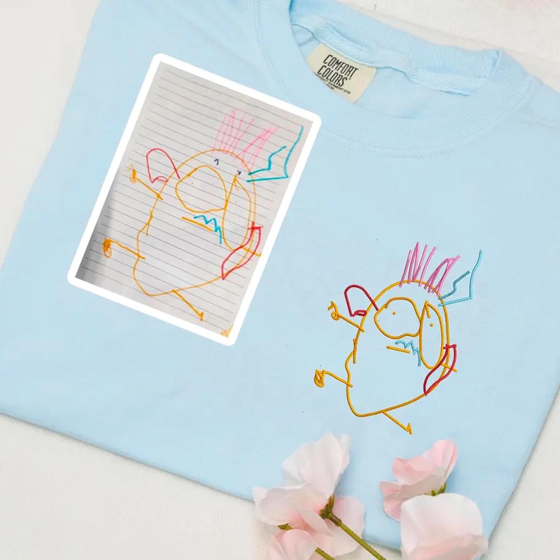 Comfort Color Custom Embroidered Kids Drawing T-shirt, Personalized Draw From Photo For Dad Shirt, Kid Art Shirt, Gift for Dad