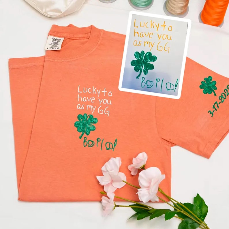 Comfort Color Custom Embroidered Kids Drawing T-shirt, Personalized Draw From Photo For Dad Shirt, Kid Art Shirt, Gift for Dad