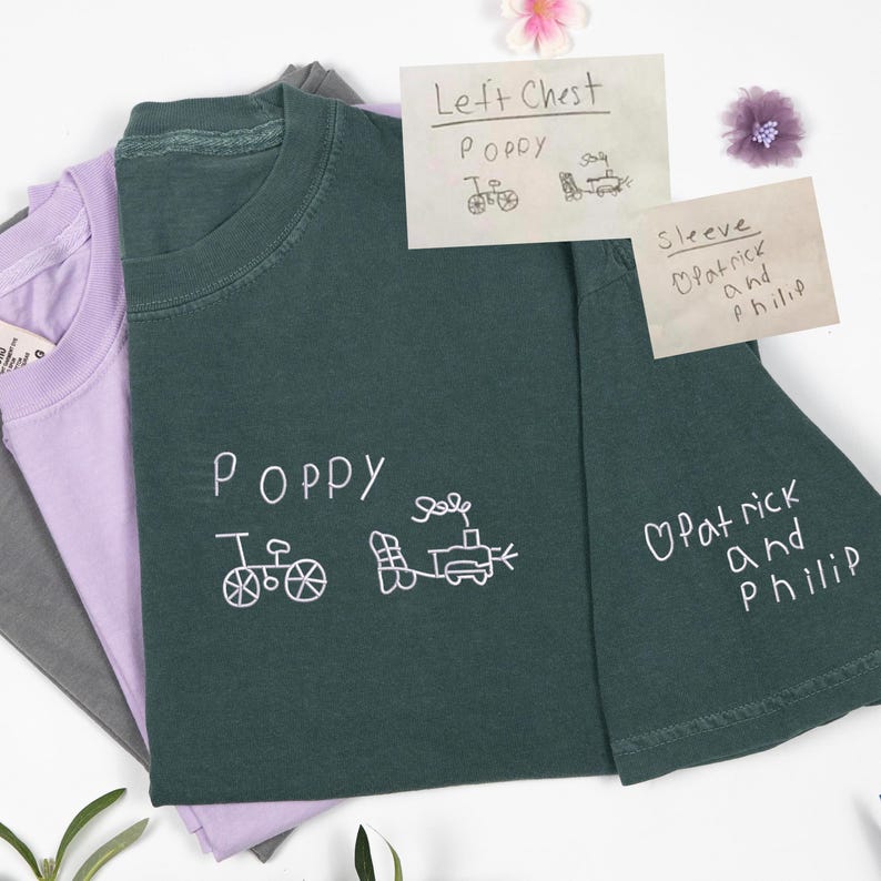 Comfort Color Custom Embroidered Kids Drawing T-shirt, Personalized Draw From Photo For Dad Shirt, Kid Art Shirt, Gift for Dad