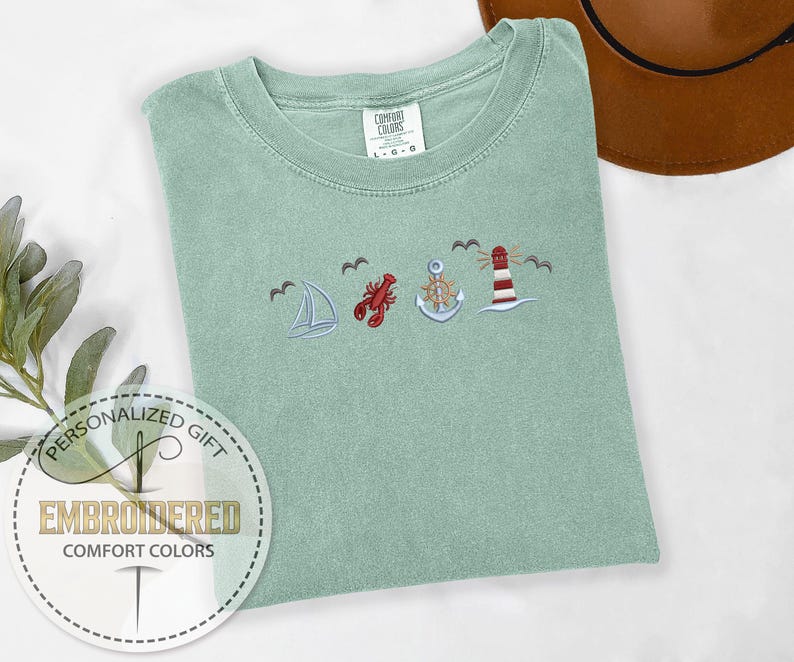 Nautical Embroidery Tee, Lobster Anchor Lighthouse Comfort Colors Shirt, Beach Adventure T-Shirt, Gift For Boat Lovers, Summer Ocean Tee