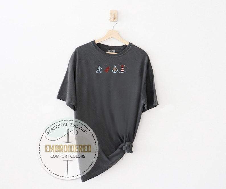 Nautical Embroidery Tee, Lobster Anchor Lighthouse Comfort Colors Shirt, Beach Adventure T-Shirt, Gift For Boat Lovers, Summer Ocean Tee