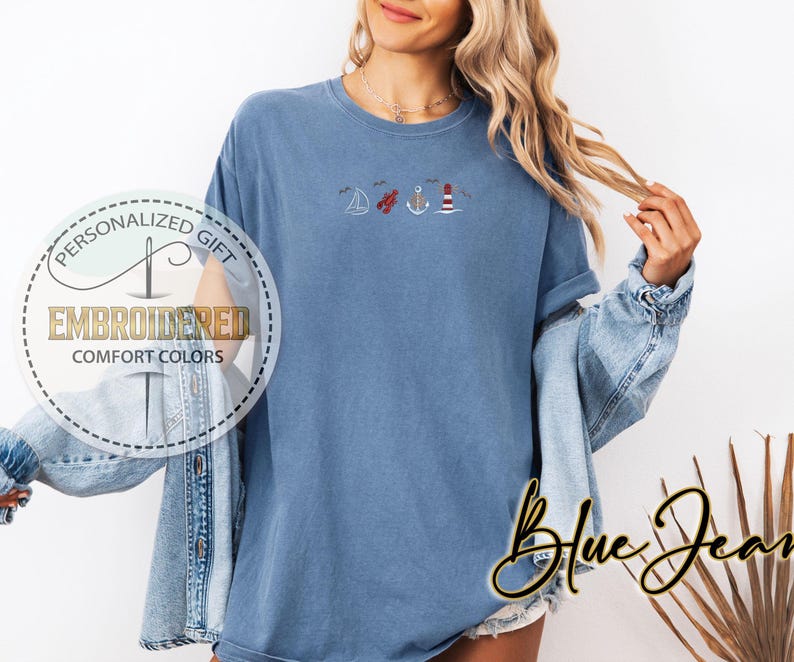 Nautical Embroidery Tee, Lobster Anchor Lighthouse Comfort Colors Shirt, Beach Adventure T-Shirt, Gift For Boat Lovers, Summer Ocean Tee