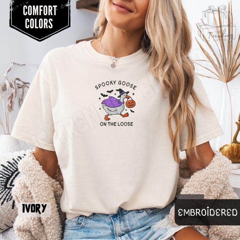 Embroidered Spooky Goose Shirt Comfort Colors® Halloween TShirt, Witchy Silly Goose Lover Tee, Girly Halloween Gift, Trick or Treat Outfit