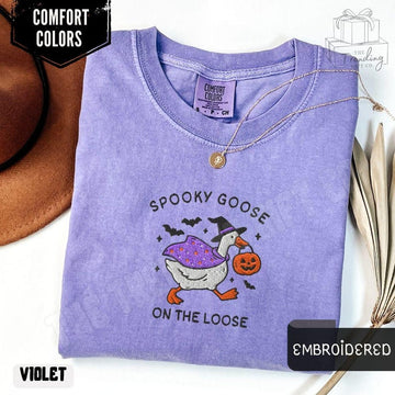 Embroidered Spooky Goose Shirt Comfort Colors® Halloween TShirt, Witchy Silly Goose Lover Tee, Girly Halloween Gift, Trick or Treat Outfit