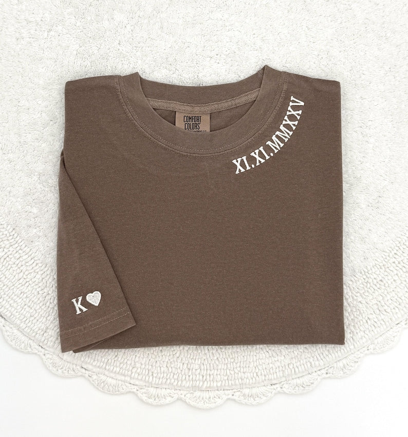 Embroidered Roman Numeral Comfort Colors T-Shirt, Anniversary Gift, Personalized Initial Sleeve