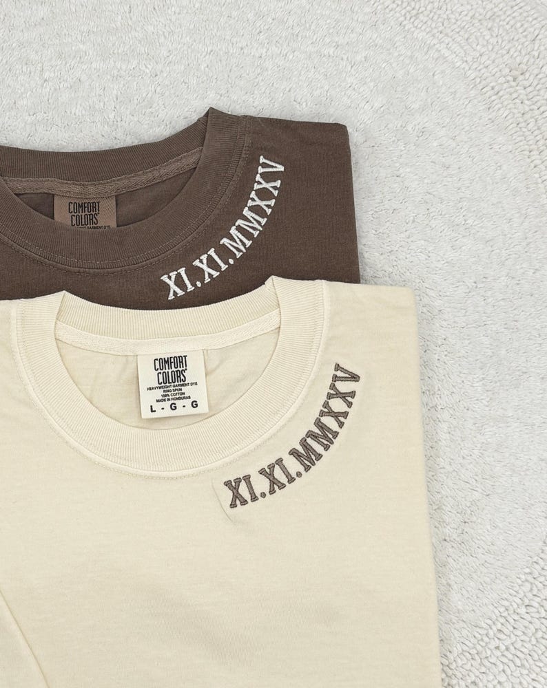 Embroidered Roman Numeral Comfort Colors T-Shirt, Anniversary Gift, Personalized Initial Sleeve