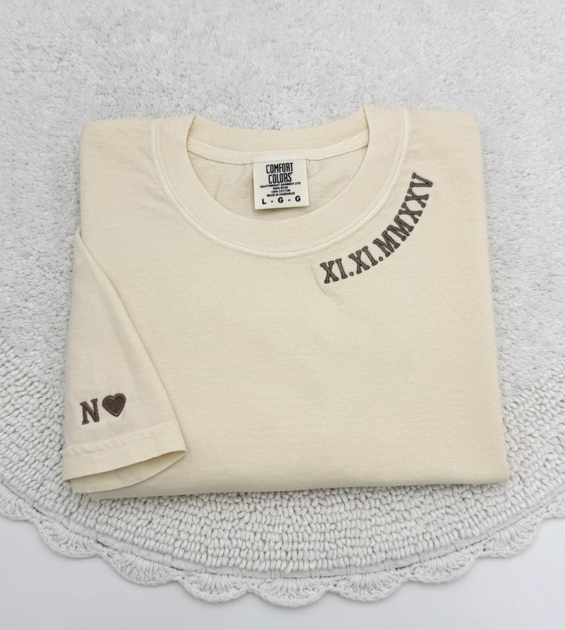 Embroidered Roman Numeral Comfort Colors T-Shirt, Anniversary Gift, Personalized Initial Sleeve