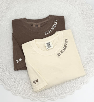 Embroidered Roman Numeral Comfort Colors T-Shirt, Anniversary Gift, Personalized Initial Sleeve