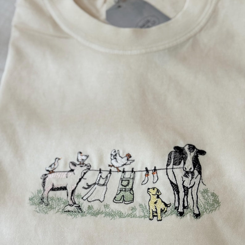 Embroidered Laundry Day Farm Animals Comfort Colors Tee, Custom Embroidered Ultra Soft Tee, Cute Every Day TShirt, Farm Animals Tee