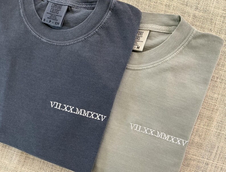 Embroidered Roman Numerals T-Shirt Anniversary Couples Matching Gift Custom Wedding Shirt