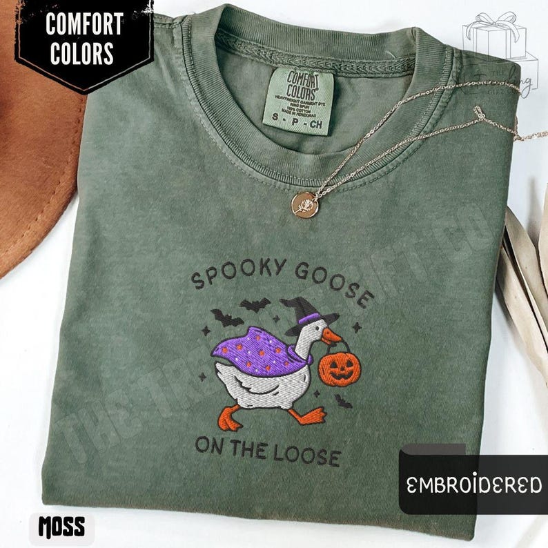 Embroidered Spooky Goose Shirt Comfort Colors® Halloween TShirt, Witchy Silly Goose Lover Tee, Girly Halloween Gift, Trick or Treat Outfit