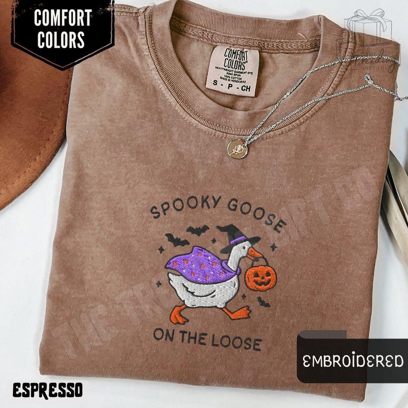 Embroidered Spooky Goose Shirt Comfort Colors® Halloween TShirt, Witchy Silly Goose Lover Tee, Girly Halloween Gift, Trick or Treat Outfit