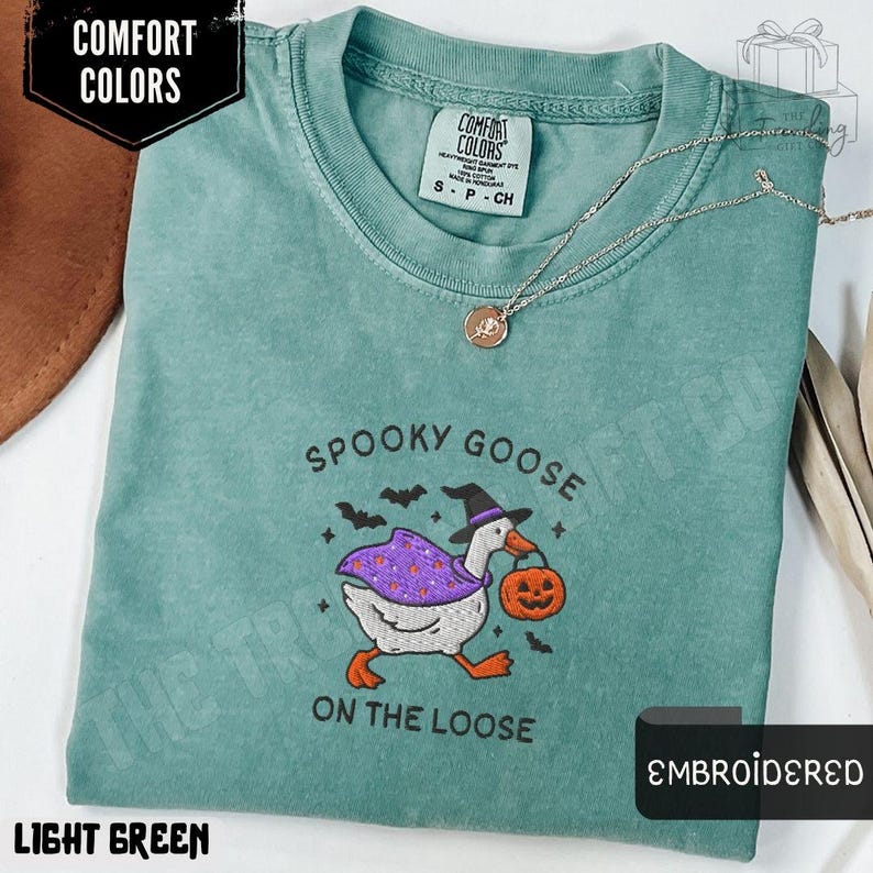Embroidered Spooky Goose Shirt Comfort Colors® Halloween TShirt, Witchy Silly Goose Lover Tee, Girly Halloween Gift, Trick or Treat Outfit