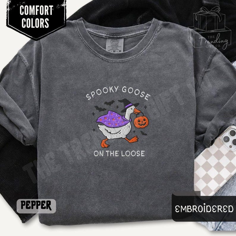 Embroidered Spooky Goose Shirt Comfort Colors® Halloween TShirt, Witchy Silly Goose Lover Tee, Girly Halloween Gift, Trick or Treat Outfit