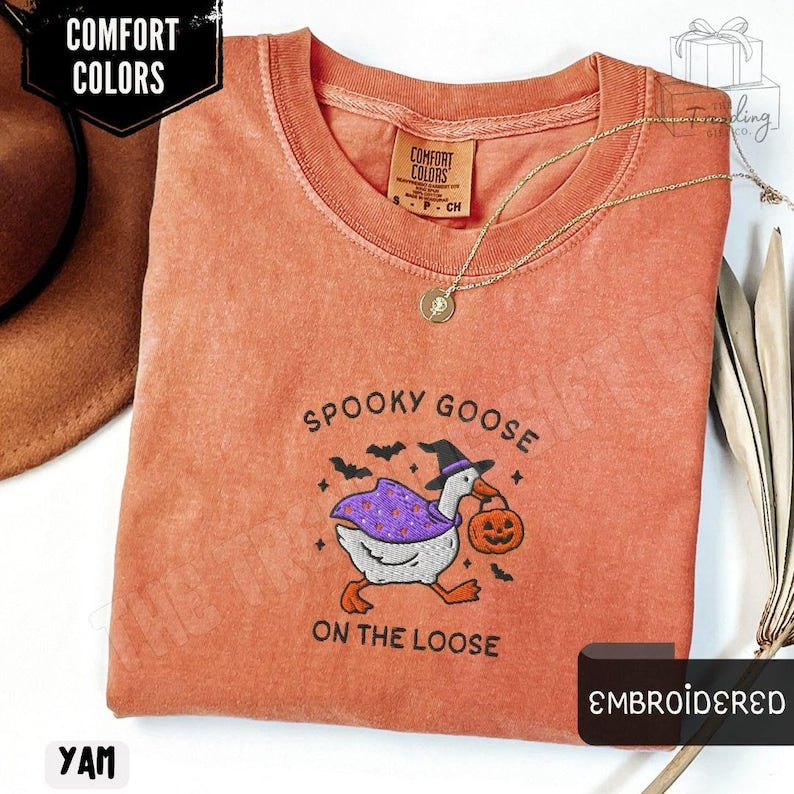 Embroidered Spooky Goose Shirt Comfort Colors® Halloween TShirt, Witchy Silly Goose Lover Tee, Girly Halloween Gift, Trick or Treat Outfit