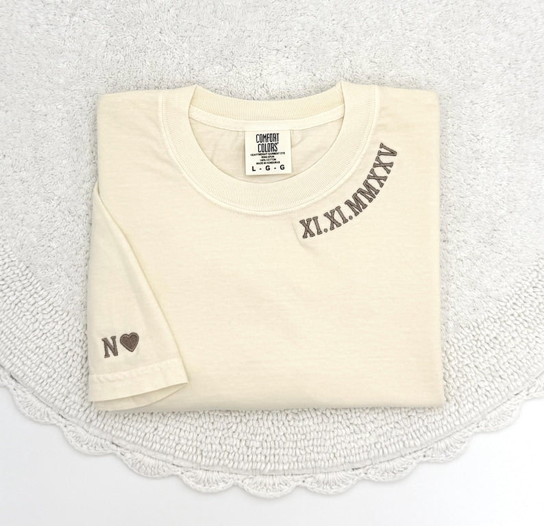 Embroidered Roman Numeral Comfort Colors T-Shirt, Anniversary Gift, Personalized Initial Sleeve