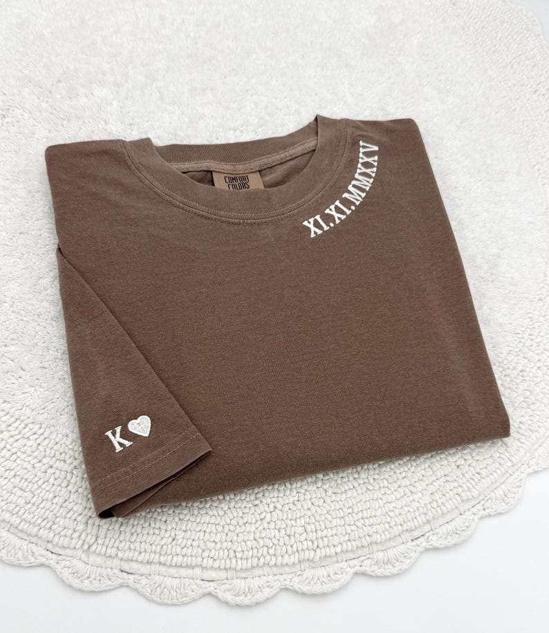Embroidered Roman Numeral Comfort Colors T-Shirt, Anniversary Gift, Personalized Initial Sleeve