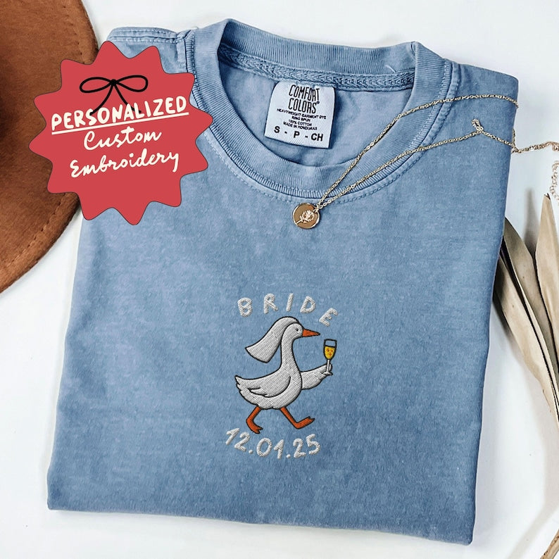 Personalized Embroidered Silly Goose Bride Shirt, Bride To Be Funny Goose Lover Shirt, Embroidered Bride Tshirt, Comfort Colors - A3