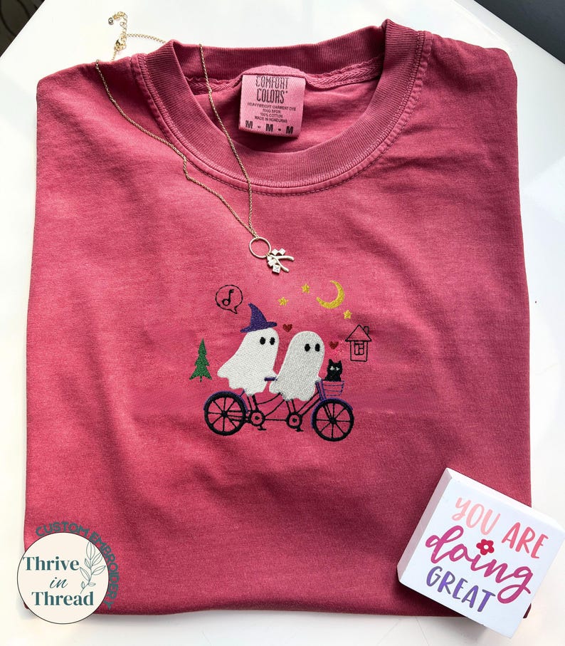 Halloween Embroidery Comfort Colors T-shirt, Cute Ghosts Night Biking Embroidered Tee, Ghost shirt, Spooky Season, biking shirt, ghost tee